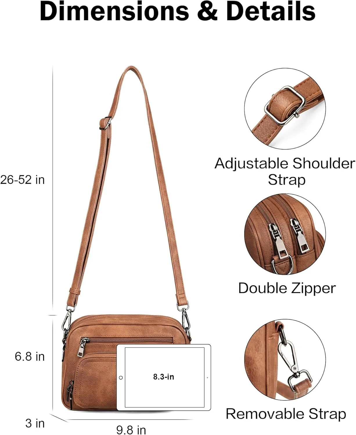FADEON Crossbody Bags for Women Multi-pocket Leather Crossbody Purses, Designer Shoulder Bag Adjustable Removable Strap