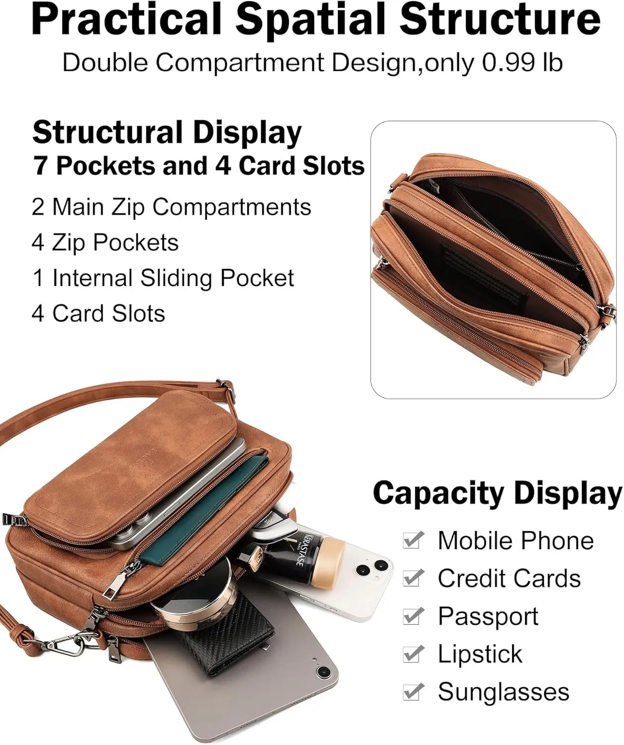 FADEON Crossbody Bags for Women Multi-pocket Leather Crossbody Purses, Designer Shoulder Bag Adjustable Removable Strap