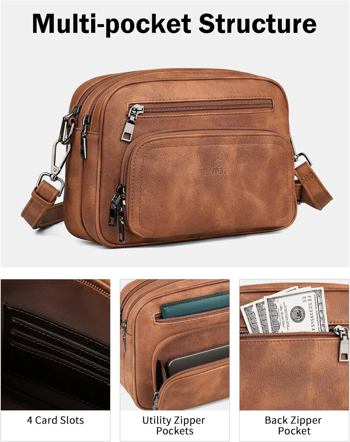 FADEON Crossbody Bags for Women Multi-pocket Leather Crossbody Purses, Designer Shoulder Bag Adjustable Removable Strap