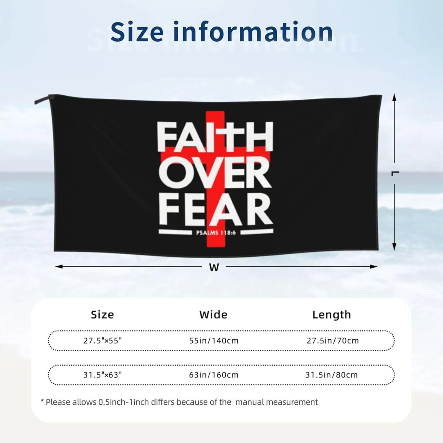 Faith Over Fear Bible Scripture Verse Christian Beach Towel Quick Dry Sand Free Lightweight Large 31.5"x63" with Travel Bag - Vacation Essentials Bath Towel for Pool, Summer