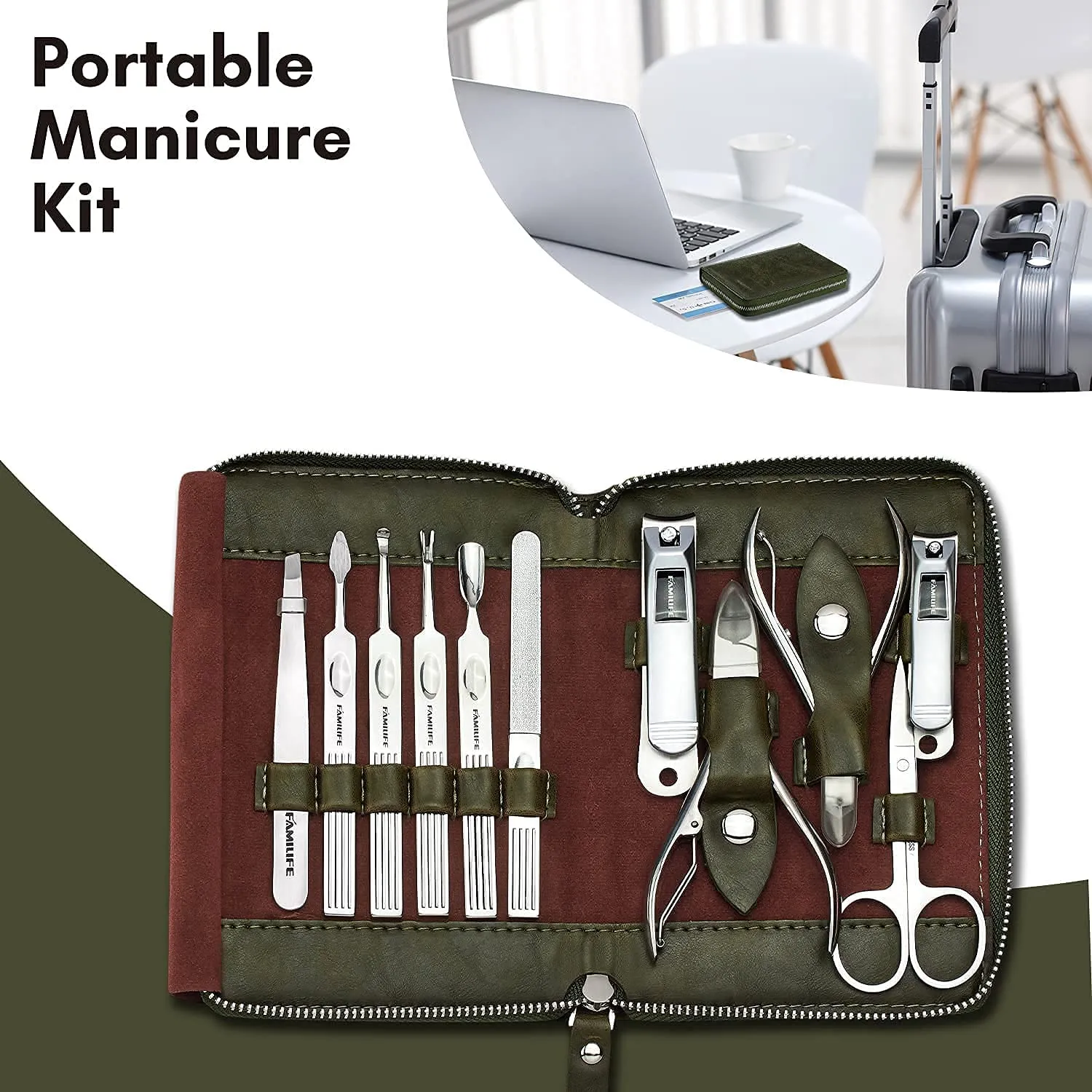 FAMILIFE Manicure Set, Professional Manicure Kit Nail Clippers Set 11 in 1 Stainless Steel Nail Pedicure Tools Kit Grooming Tool with Portable Green Leather Travel Case Luxury Gifts for Women and Men