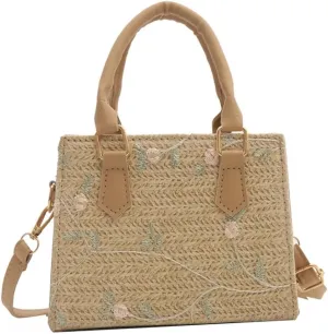 Fashion Beach Woven Straw Crossbody Bag with Top Handle Embroidered Floral Shoulder Handbag for Vacation and Shopping