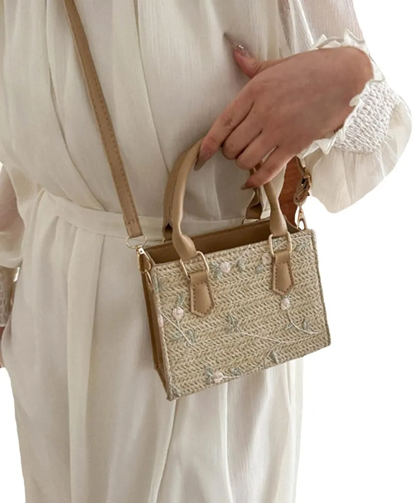 Fashion Beach Woven Straw Crossbody Bag with Top Handle Embroidered Floral Shoulder Handbag for Vacation and Shopping