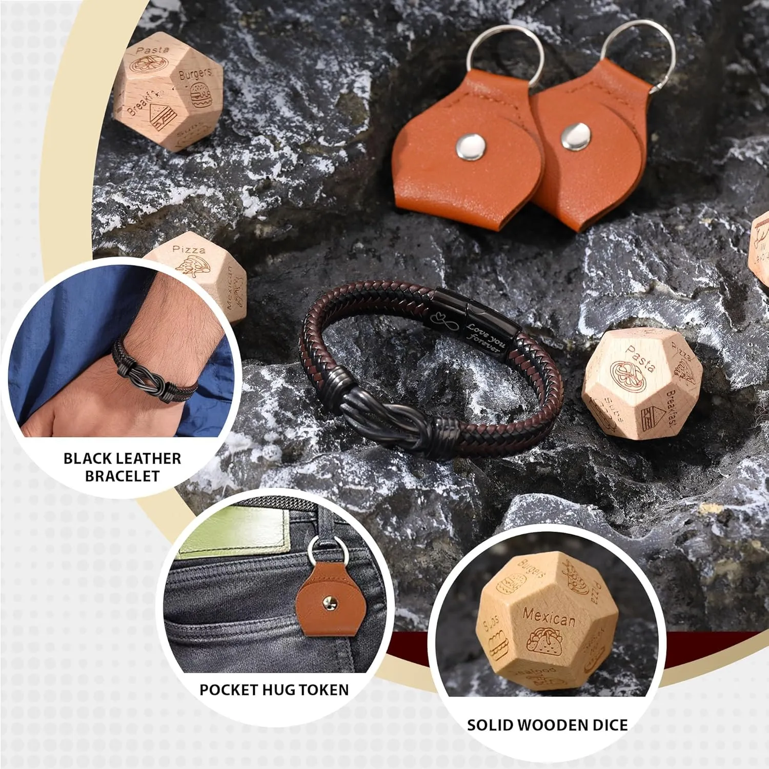 Fathers Day Bracelets Gifts for Men Who Have Everything I Love You Gifts for Him Leather Bracelets for Men Food Dice Pocket Hug Token Keyachin Date Night Decision Gift Basket for Boyfriend Husband Son Grandson Dad