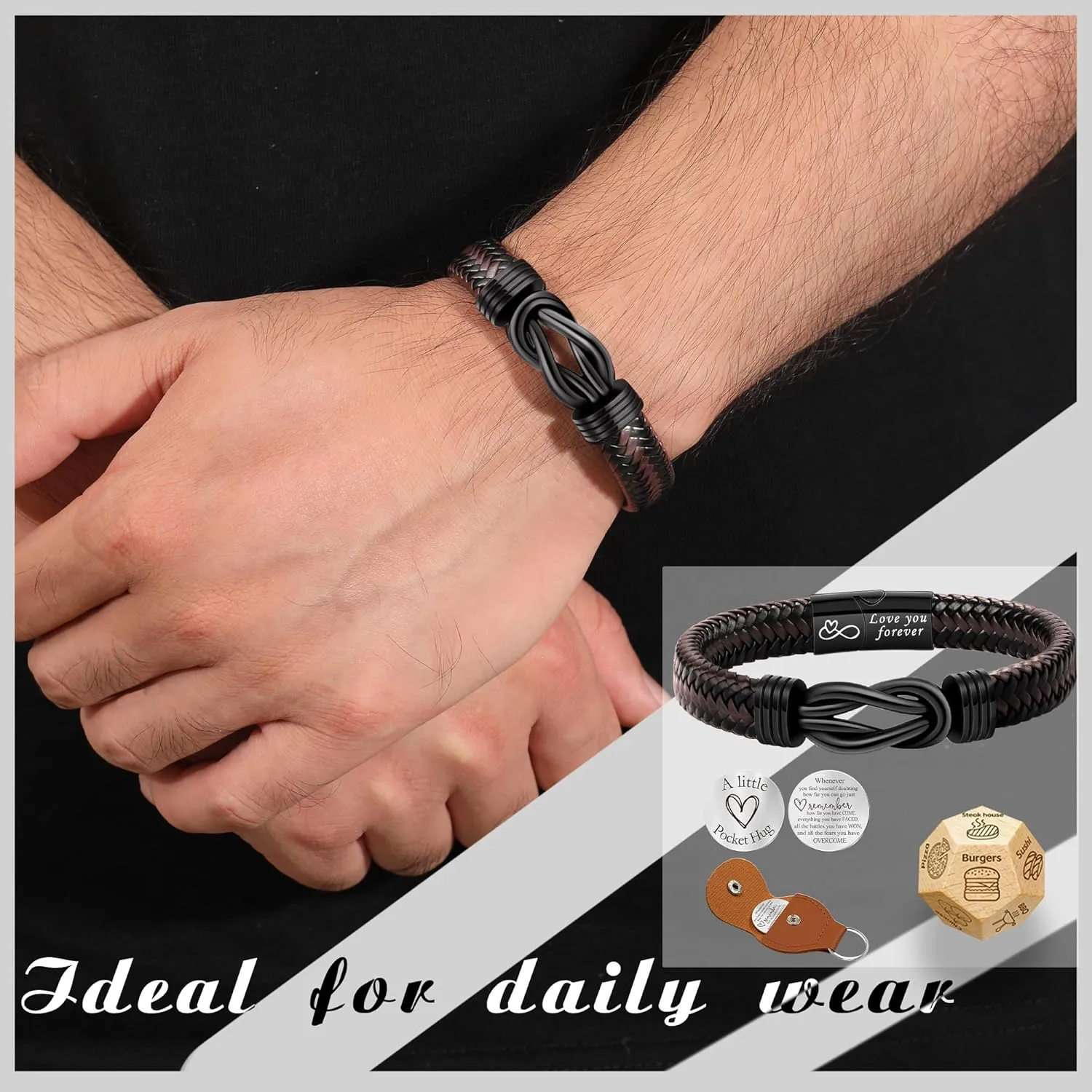 Fathers Day Bracelets Gifts for Men Who Have Everything I Love You Gifts for Him Leather Bracelets for Men Food Dice Pocket Hug Token Keyachin Date Night Decision Gift Basket for Boyfriend Husband Son Grandson Dad