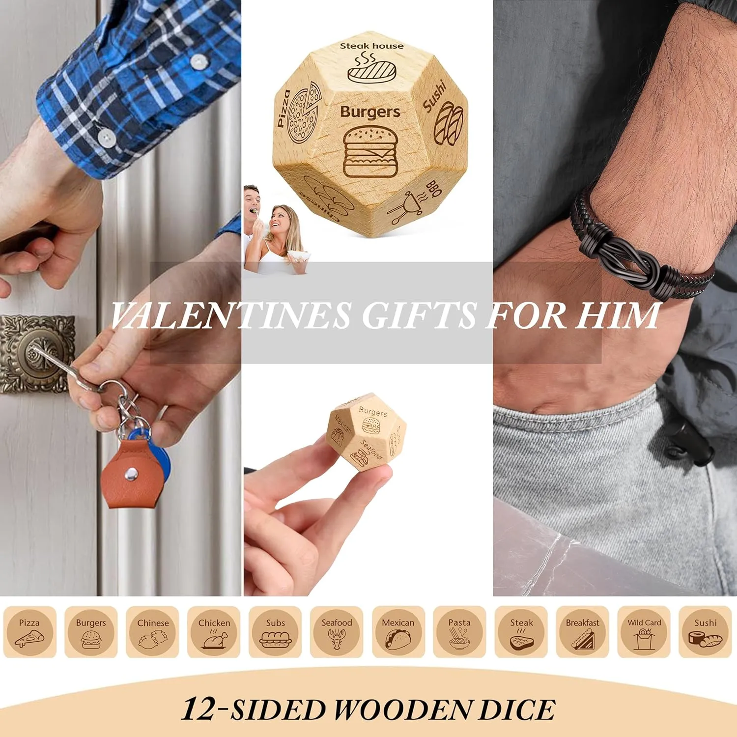 Fathers Day Bracelets Gifts for Men Who Have Everything I Love You Gifts for Him Leather Bracelets for Men Food Dice Pocket Hug Token Keyachin Date Night Decision Gift Basket for Boyfriend Husband Son Grandson Dad