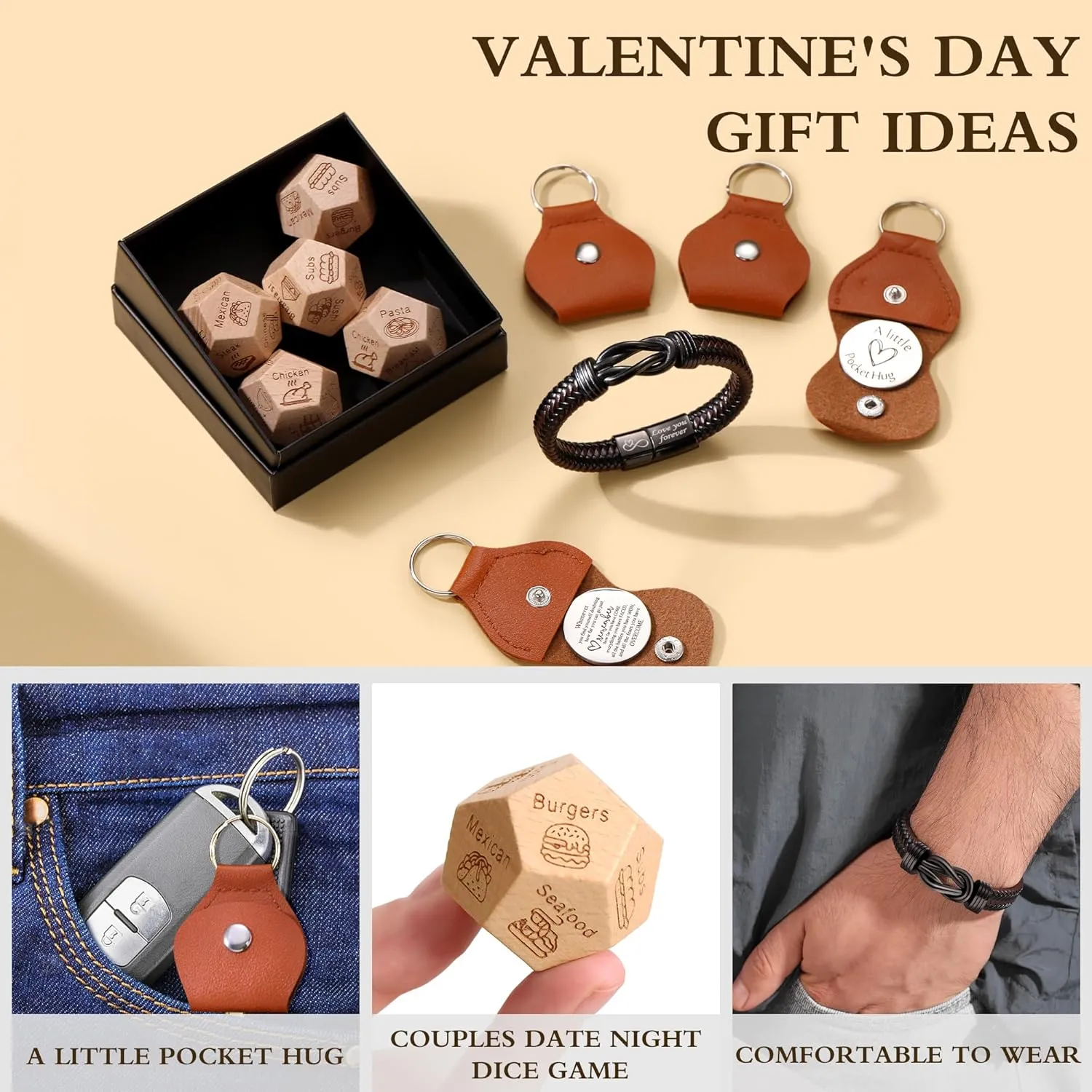 Fathers Day Bracelets Gifts for Men Who Have Everything I Love You Gifts for Him Leather Bracelets for Men Food Dice Pocket Hug Token Keyachin Date Night Decision Gift Basket for Boyfriend Husband Son Grandson Dad