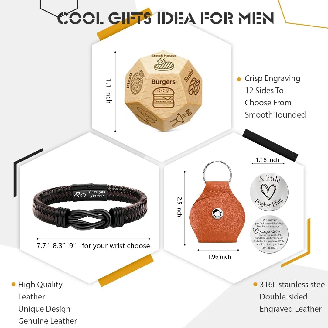 Fathers Day Bracelets Gifts for Men Who Have Everything I Love You Gifts for Him Leather Bracelets for Men Food Dice Pocket Hug Token Keyachin Date Night Decision Gift Basket for Boyfriend Husband Son Grandson Dad