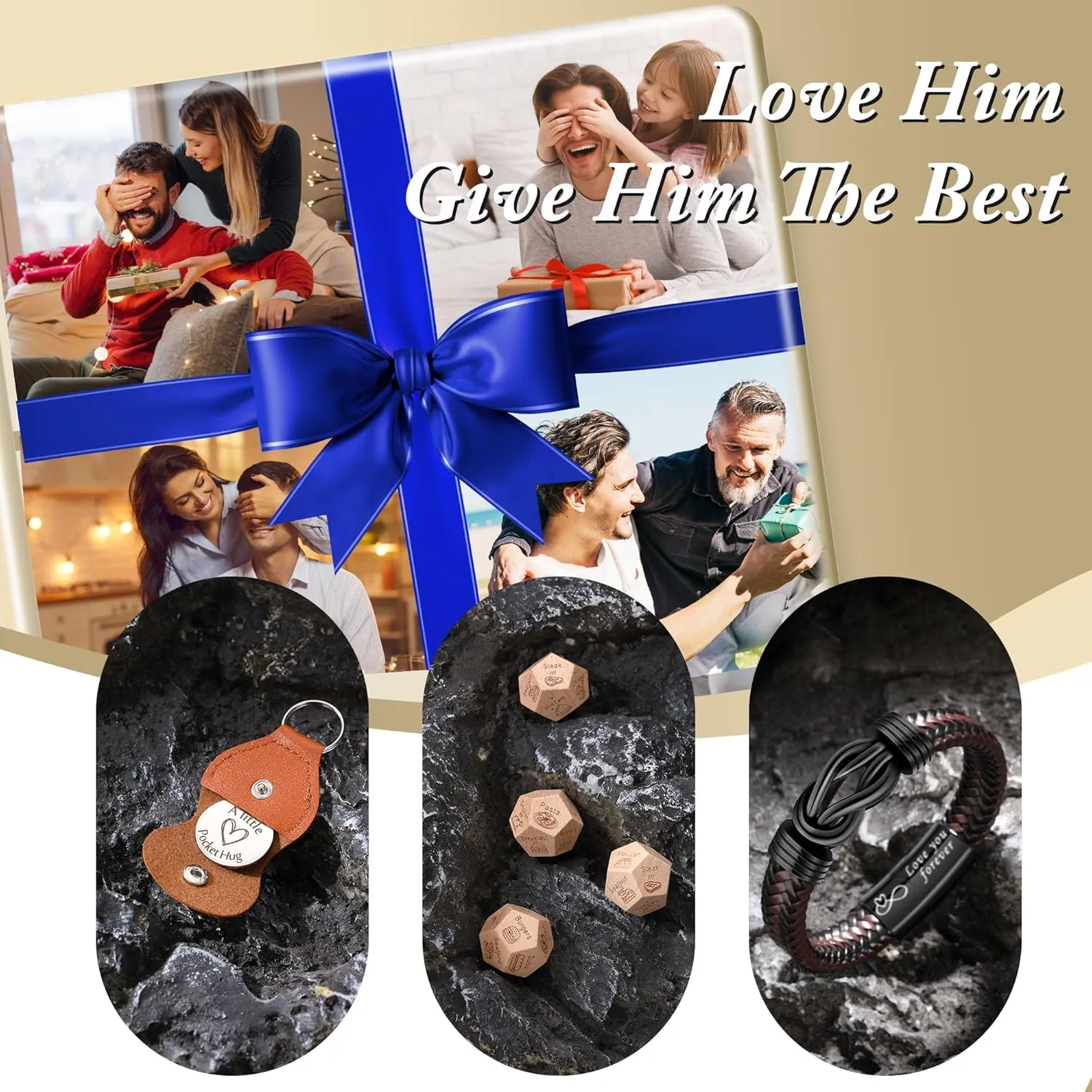 Fathers Day Bracelets Gifts for Men Who Have Everything I Love You Gifts for Him Leather Bracelets for Men Food Dice Pocket Hug Token Keyachin Date Night Decision Gift Basket for Boyfriend Husband Son Grandson Dad