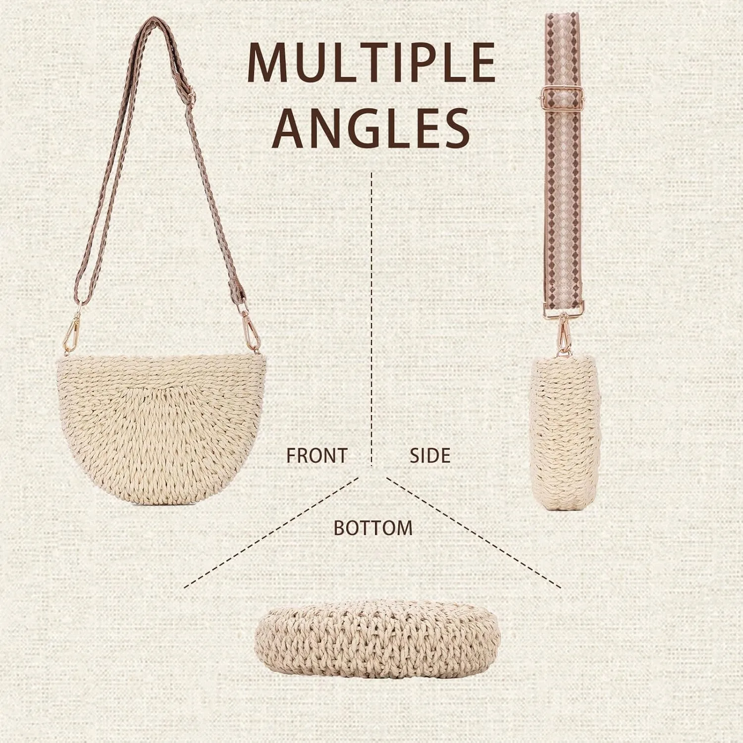 Fecialy Handmade Straw Crossbody Bag for Women Semicircle Woven Handbag Summer Beach Shoulder Bag