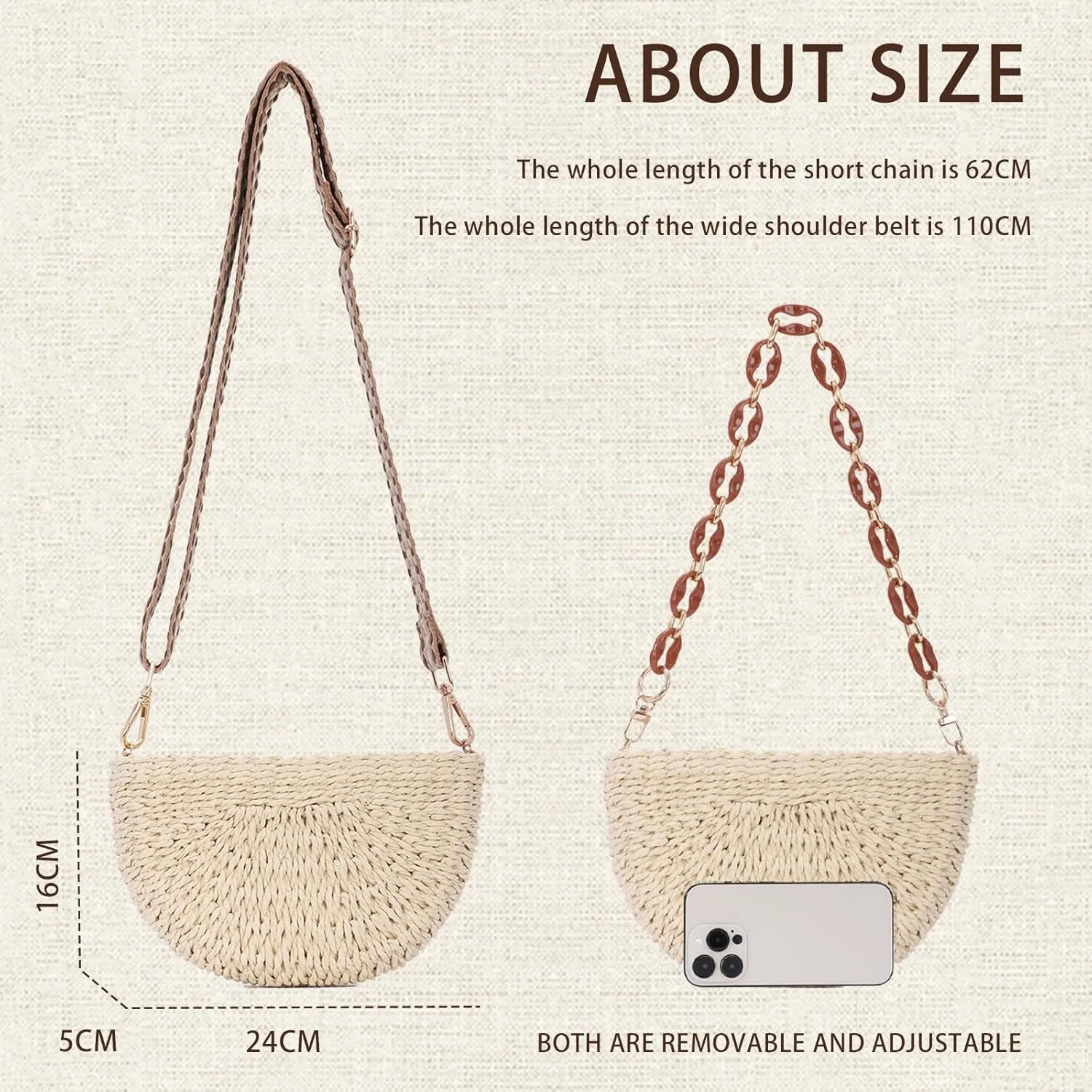 Fecialy Handmade Straw Crossbody Bag for Women Semicircle Woven Handbag Summer Beach Shoulder Bag