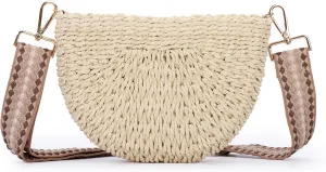 Fecialy Handmade Straw Crossbody Bag for Women Semicircle Woven Handbag Summer Beach Shoulder Bag
