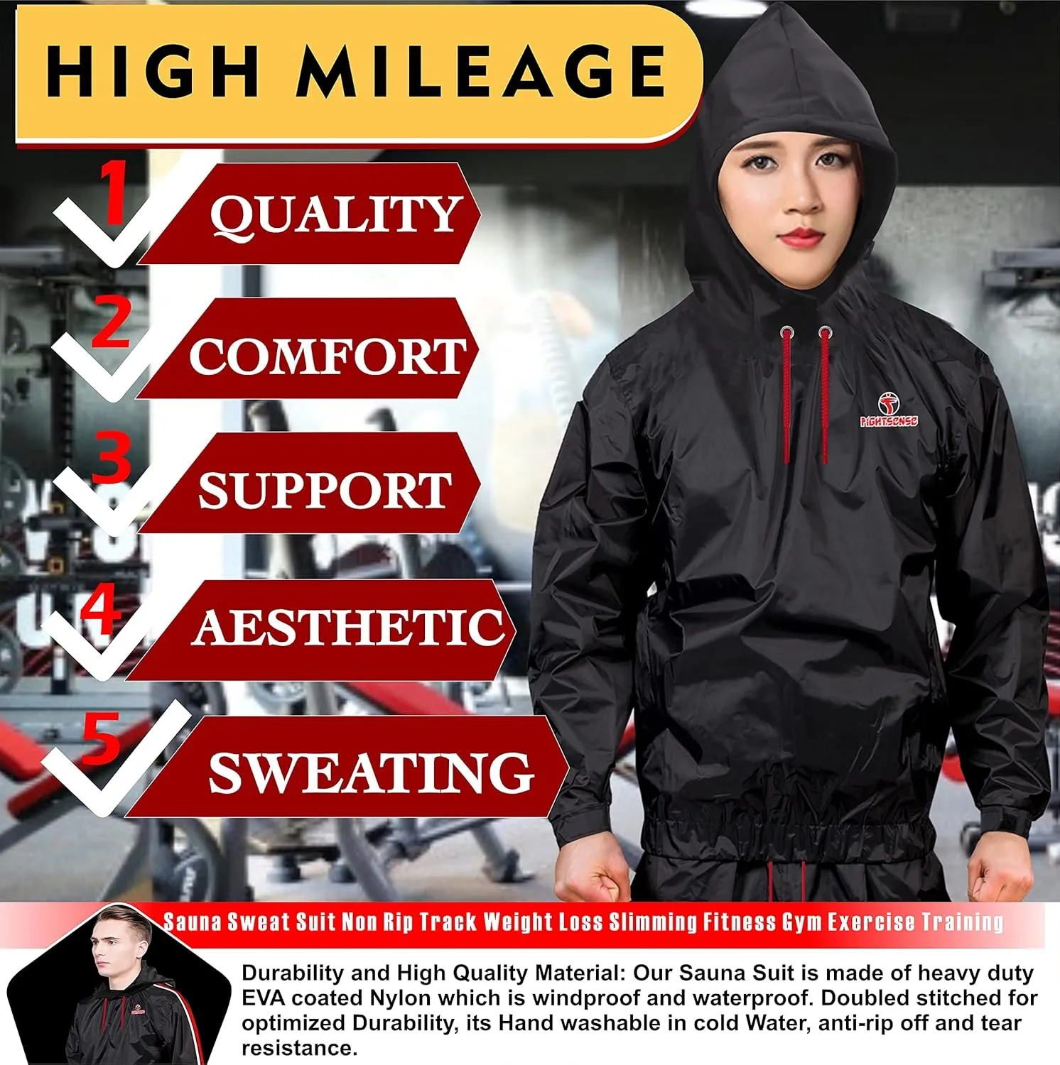 FIGHTSENSE Sauna Suit for Men and Women,Waterproof Anti-Rip Sweat Suit for Weight Loss, Sports,Running,Boxing & Fitness