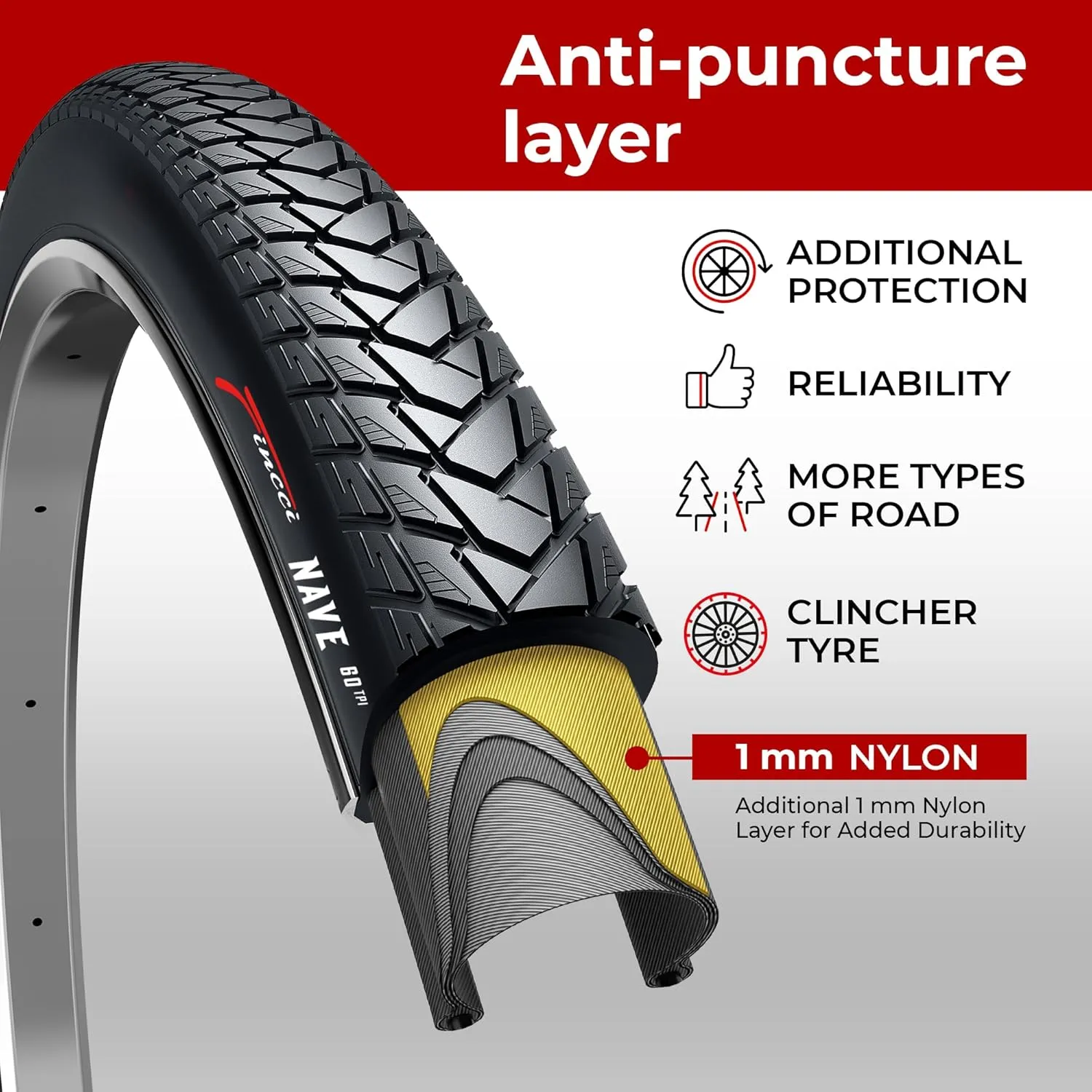 Fincci Pair 700x35c Tire 37-622 Foldable 60 TPI City Commuter Tires with Nylon Protection for Cycle Road Mountain MTB Hybrid Touring Electric Bike Bicycle - Pack of 2X 700 x 35c Tires Nave