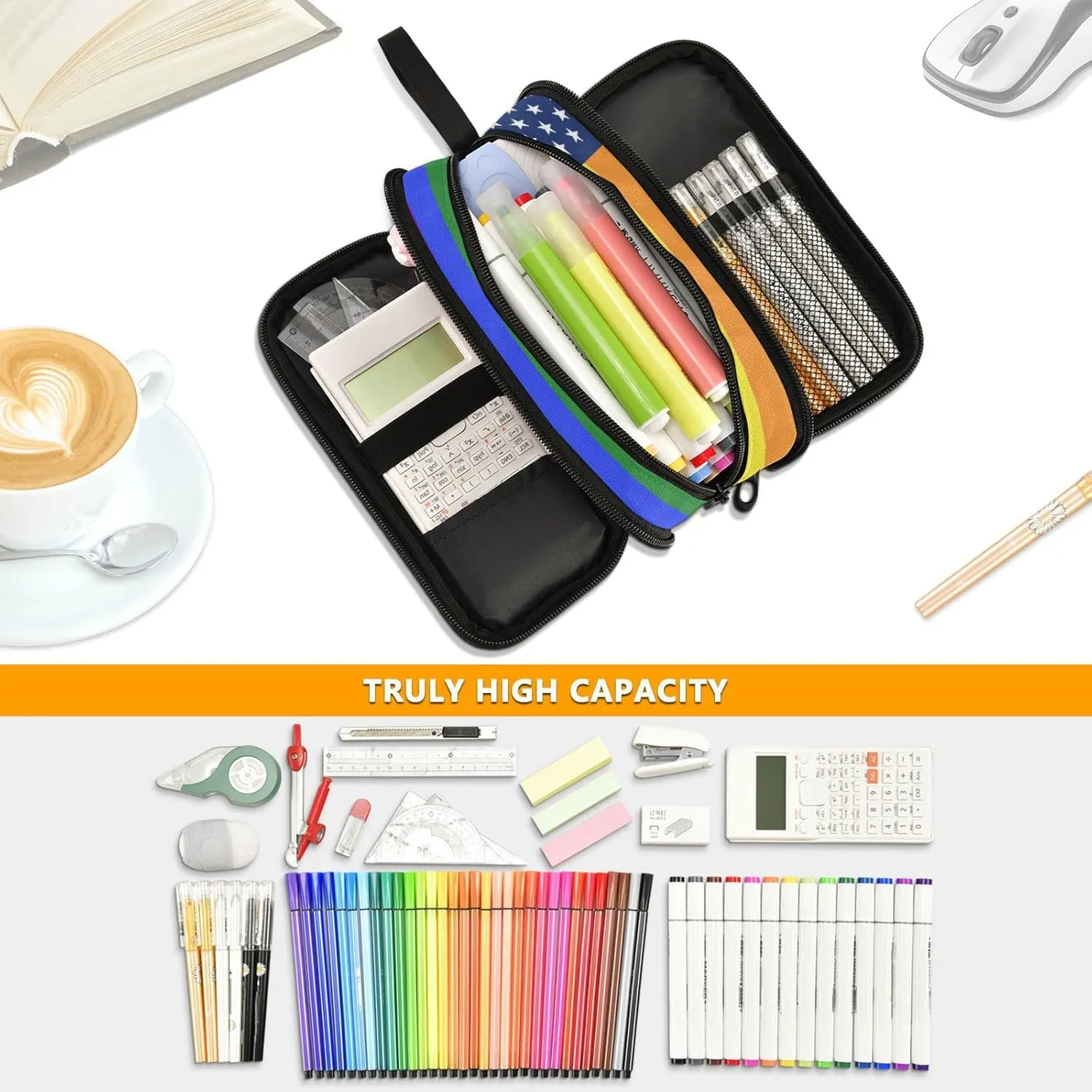 Fisyme Lgbt America Gay Pride Flag Pencil Case Large Capacity Pen Box Makeup Pouch Holder Organizer Stationery Bag for School Office College Traval Adult
