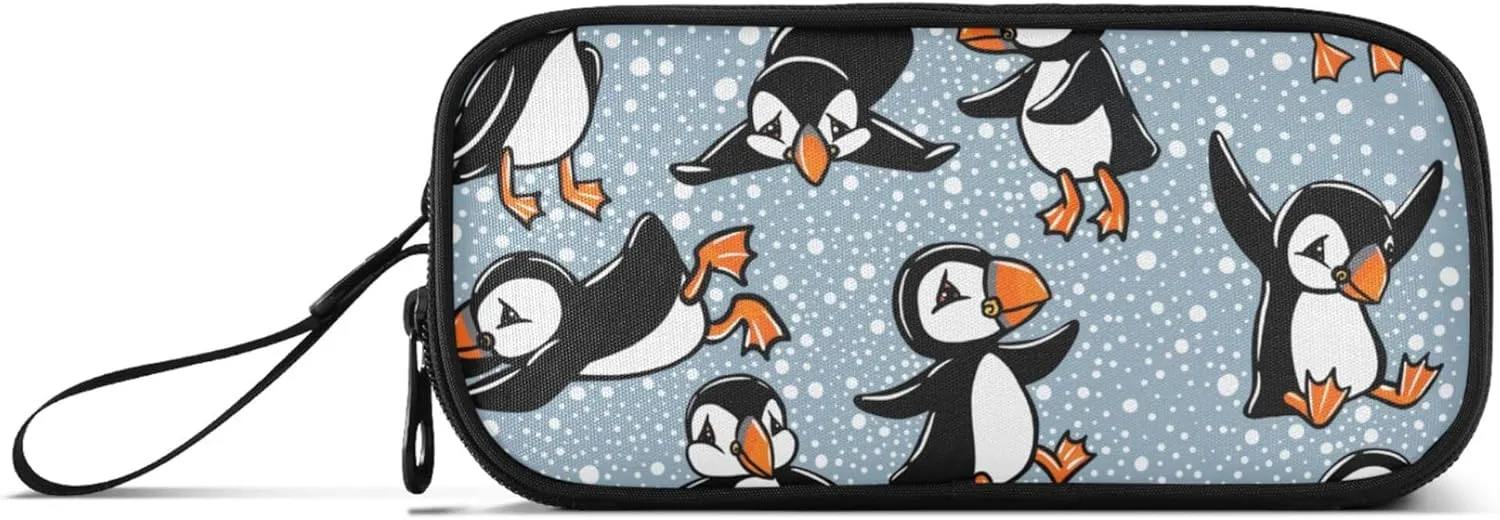 Fisyme Winter Bird Puffin Pencil Case Large Capacity Pen Box Makeup Pouch Holder Organizer Stationery Bag for School Office College