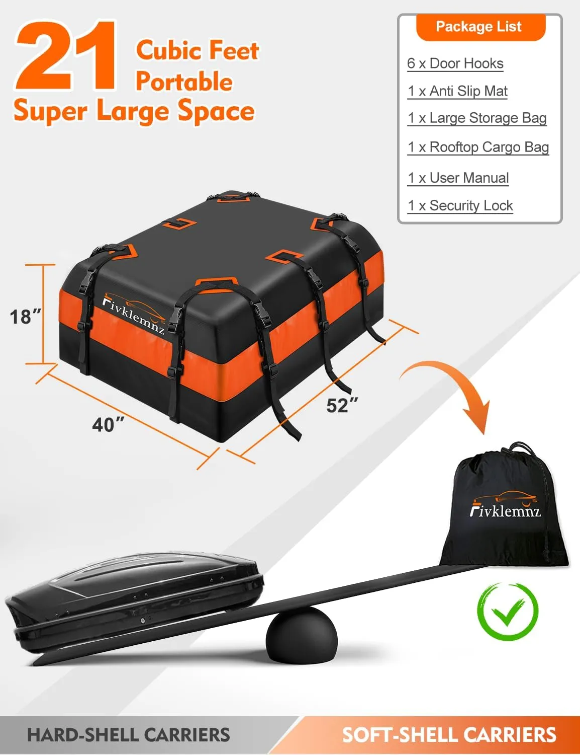 FIVKLEMNZ 21 Cubic Car Rooftop Cargo Carrier Roof Bag Waterproof for All Top of Vehicle with/Without Rack Includes Topper Anti-Slip Mat   Reinforced Straps   6 Door Hooks   Luggage Lock