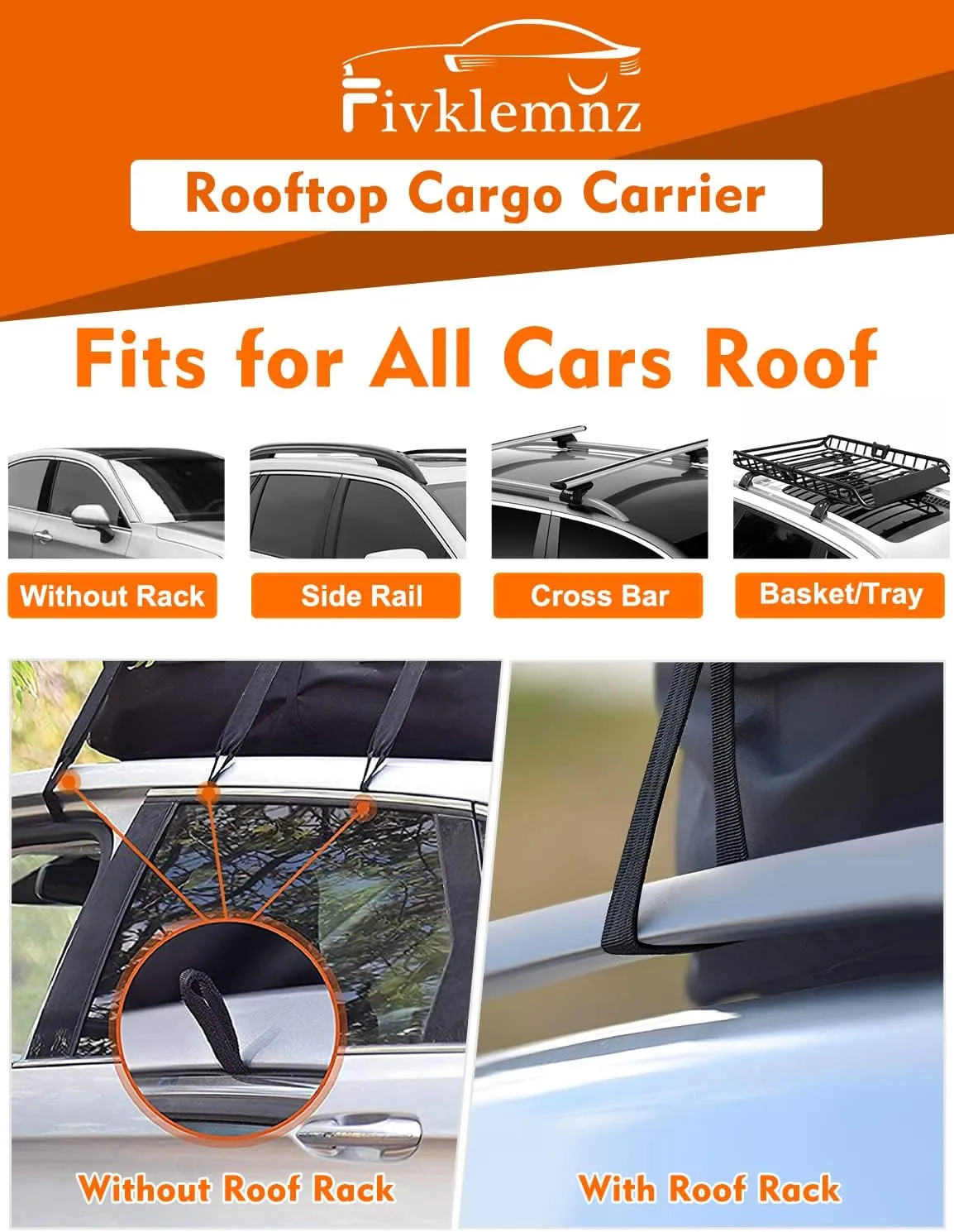 FIVKLEMNZ 21 Cubic Car Rooftop Cargo Carrier Roof Bag Waterproof for All Top of Vehicle with/Without Rack Includes Topper Anti-Slip Mat   Reinforced Straps   6 Door Hooks   Luggage Lock