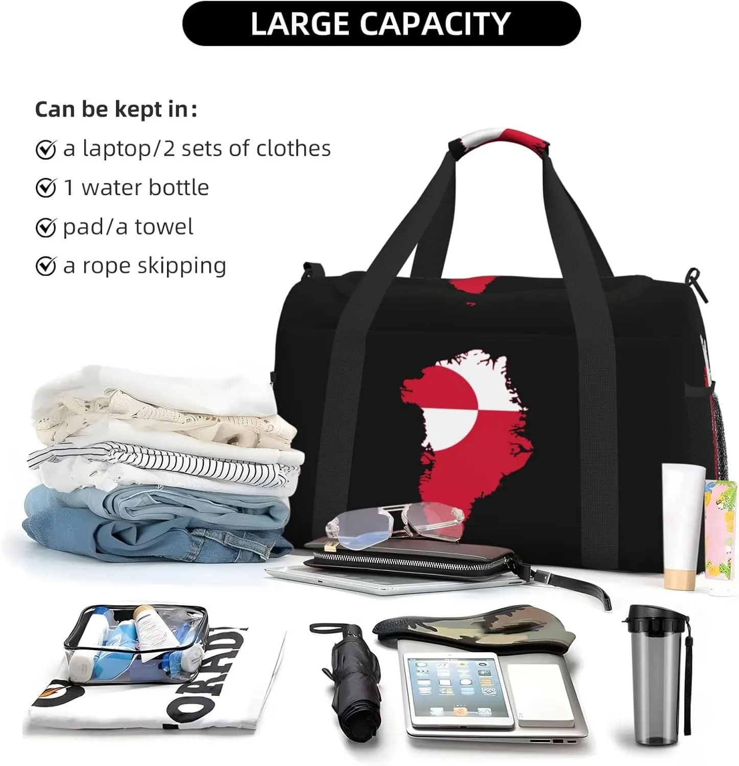 Flag Map Of Greenland Travel Duffel Bag Large Foldable Waterproof Overnight Bag For Beach Swim Bags Pool Sports Gym