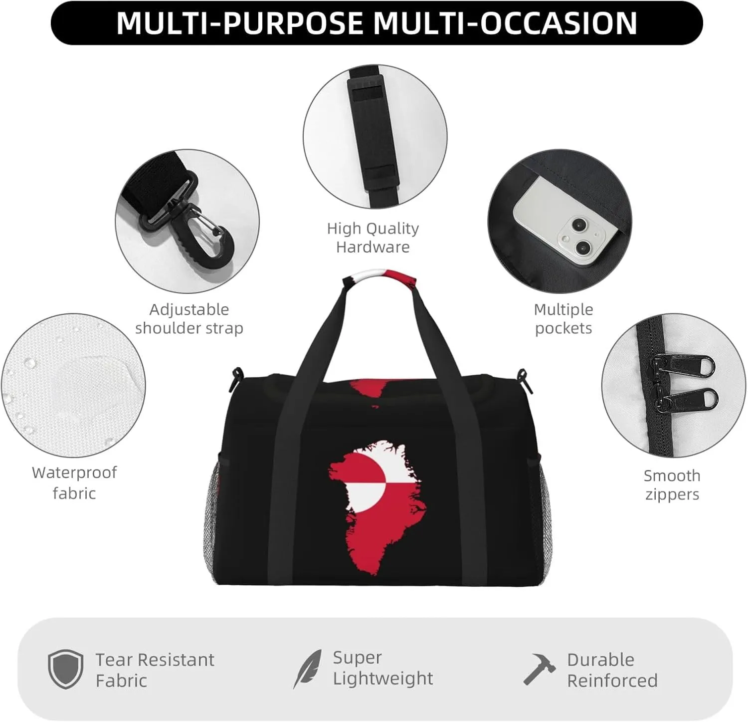 Flag Map Of Greenland Travel Duffel Bag Large Foldable Waterproof Overnight Bag For Beach Swim Bags Pool Sports Gym
