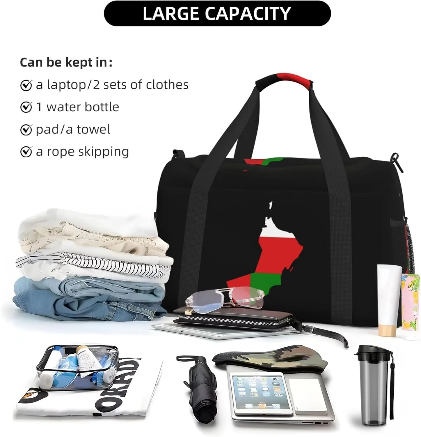 Flag Map Of Oman Travel Duffel Bag Large Foldable Waterproof Overnight Bag For Beach Swim Bags Pool Sports Gym