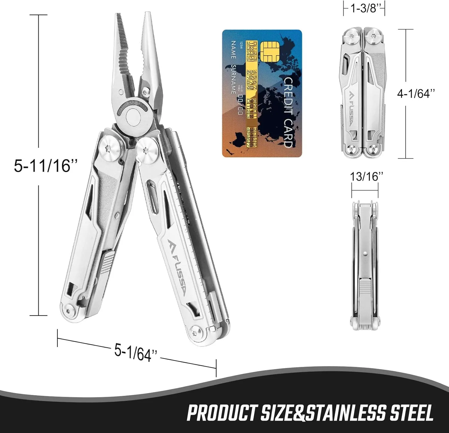 FLISSA Multitool, 16-in-1 Multitools with Sheath, Stainless Steel EDC Multitool, Pocket Knife, Bottle Opener, Screwdriver, Pocket Multi-Tool for Camping, Handwork, Hunting, Hiking, Fishing