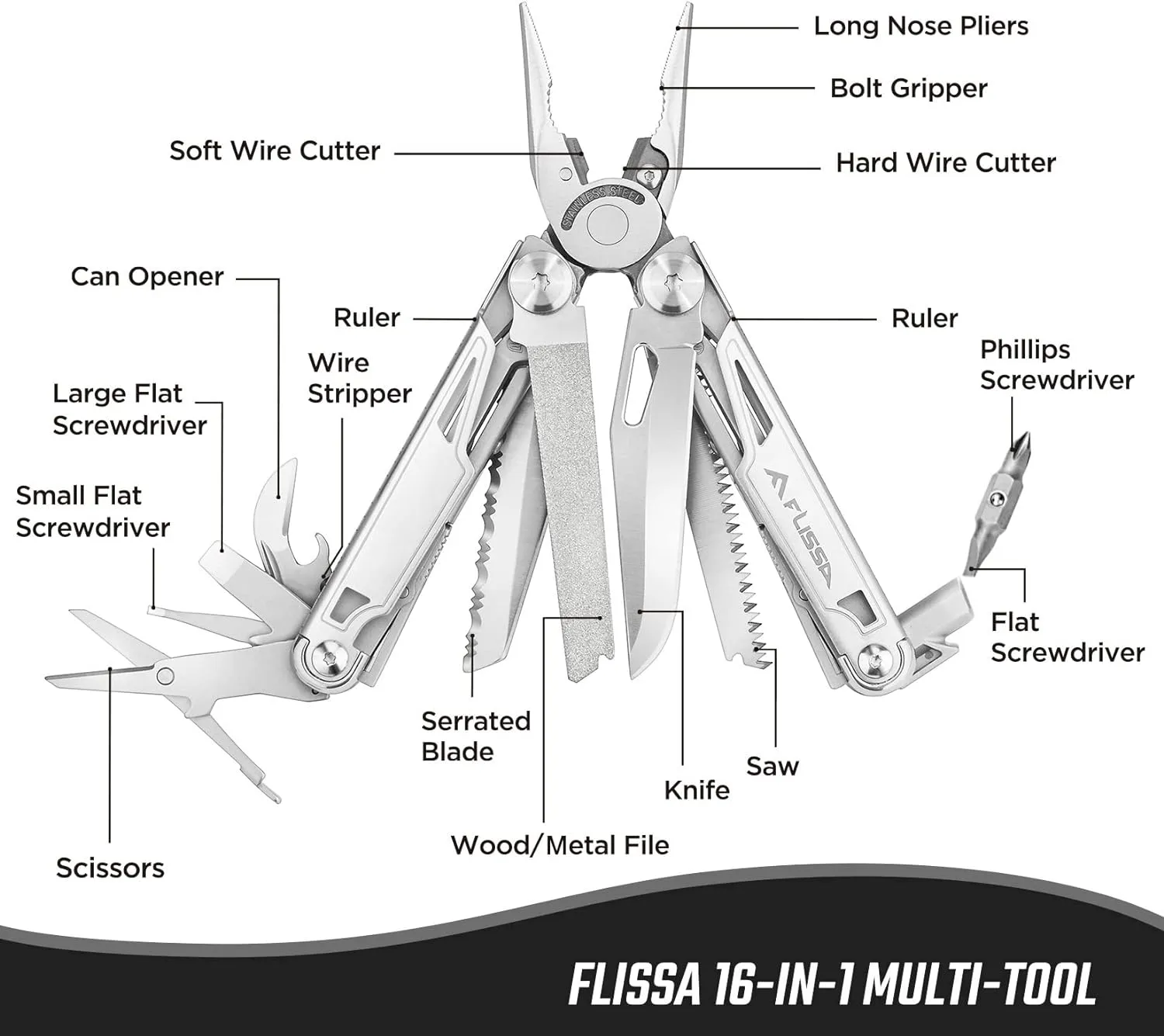 FLISSA Multitool, 16-in-1 Multitools with Sheath, Stainless Steel EDC Multitool, Pocket Knife, Bottle Opener, Screwdriver, Pocket Multi-Tool for Camping, Handwork, Hunting, Hiking, Fishing