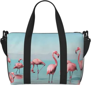 Flock of Flamingos on The Beach Printed Travel Duffel Bag for Men Women Shoulder Weekender Overnight Bags for for Beach Swim Sports Gym