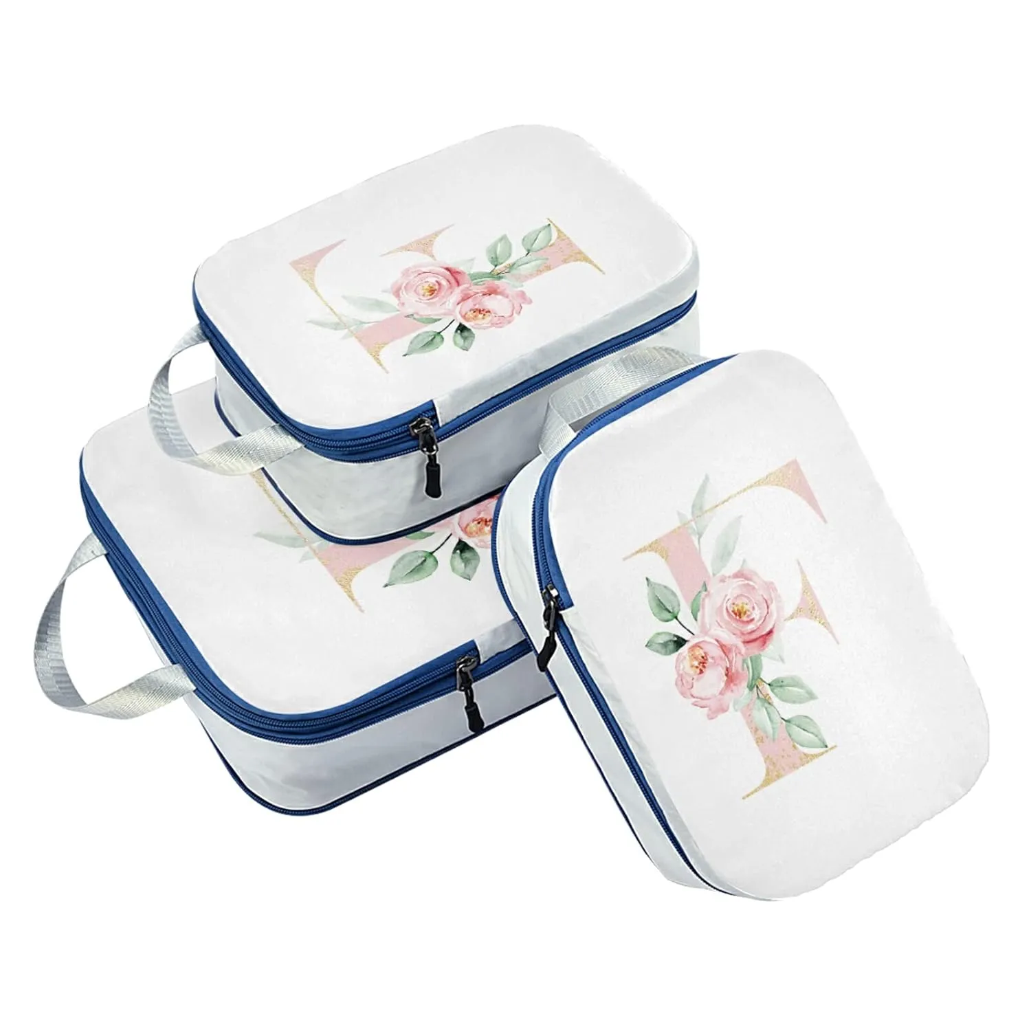 Floral Alphabet Monogrammed Rose Gold Letter 3 Piece set Cubes Expandable Adjustable Luggage Packing Bags, Ultralight Organizer Accessories Travel Suitcase Compressible Bags