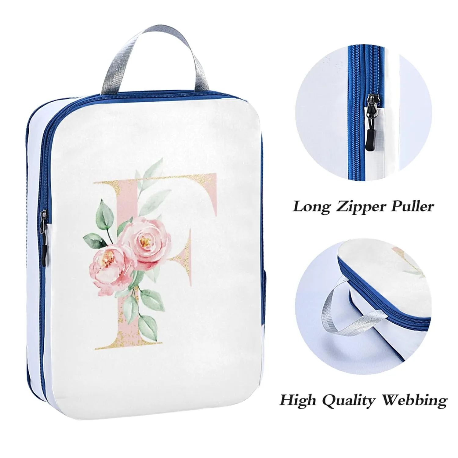 Floral Alphabet Monogrammed Rose Gold Letter 3 Piece set Cubes Expandable Adjustable Luggage Packing Bags, Ultralight Organizer Accessories Travel Suitcase Compressible Bags