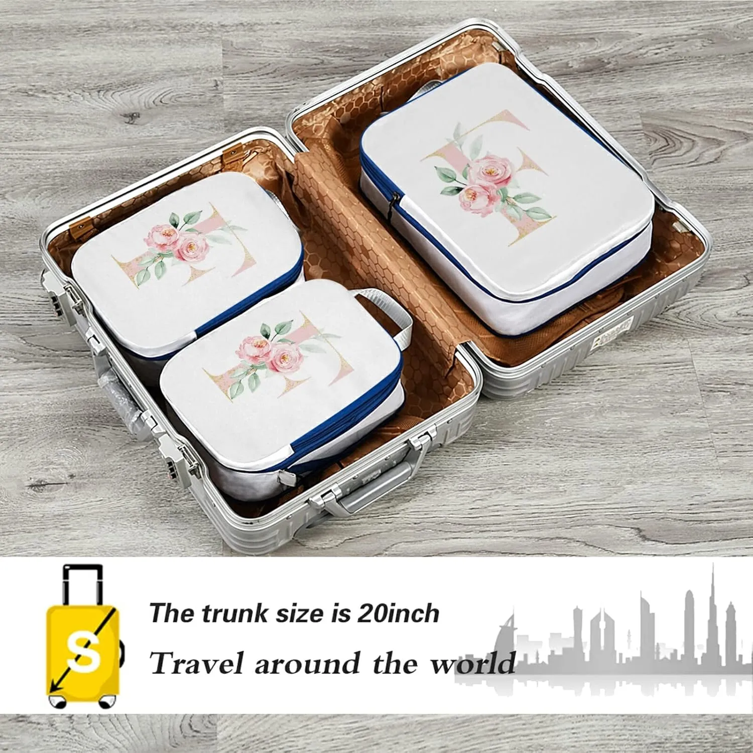 Floral Alphabet Monogrammed Rose Gold Letter 3 Piece set Cubes Expandable Adjustable Luggage Packing Bags, Ultralight Organizer Accessories Travel Suitcase Compressible Bags