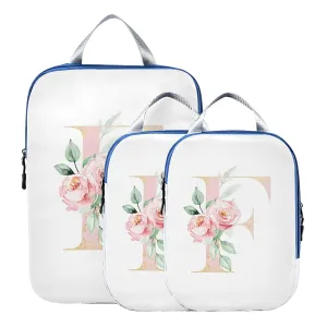 Floral Alphabet Monogrammed Rose Gold Letter 3 Piece set Cubes Expandable Adjustable Luggage Packing Bags, Ultralight Organizer Accessories Travel Suitcase Compressible Bags