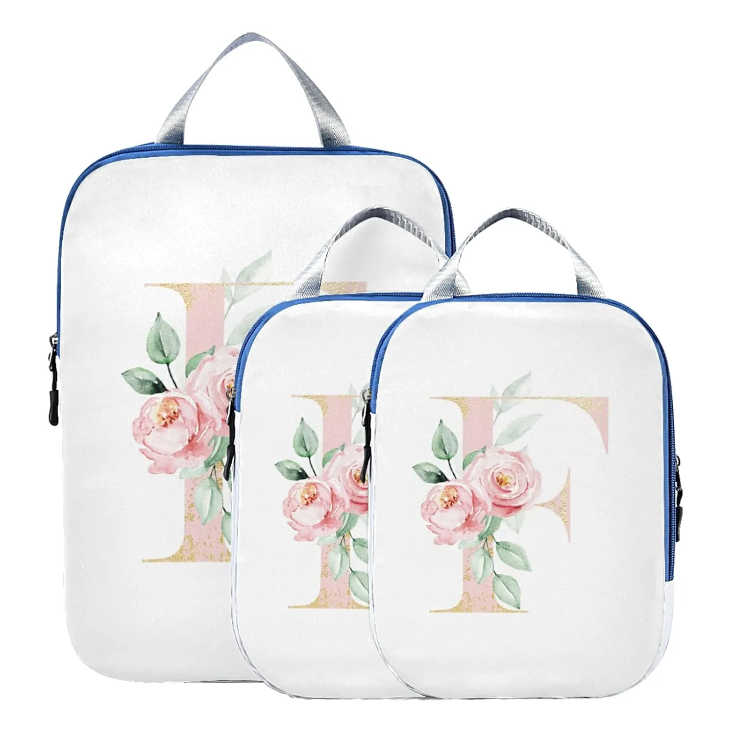 Floral Alphabet Monogrammed Rose Gold Letter 3 Piece set Cubes Expandable Adjustable Luggage Packing Bags, Ultralight Organizer Accessories Travel Suitcase Compressible Bags