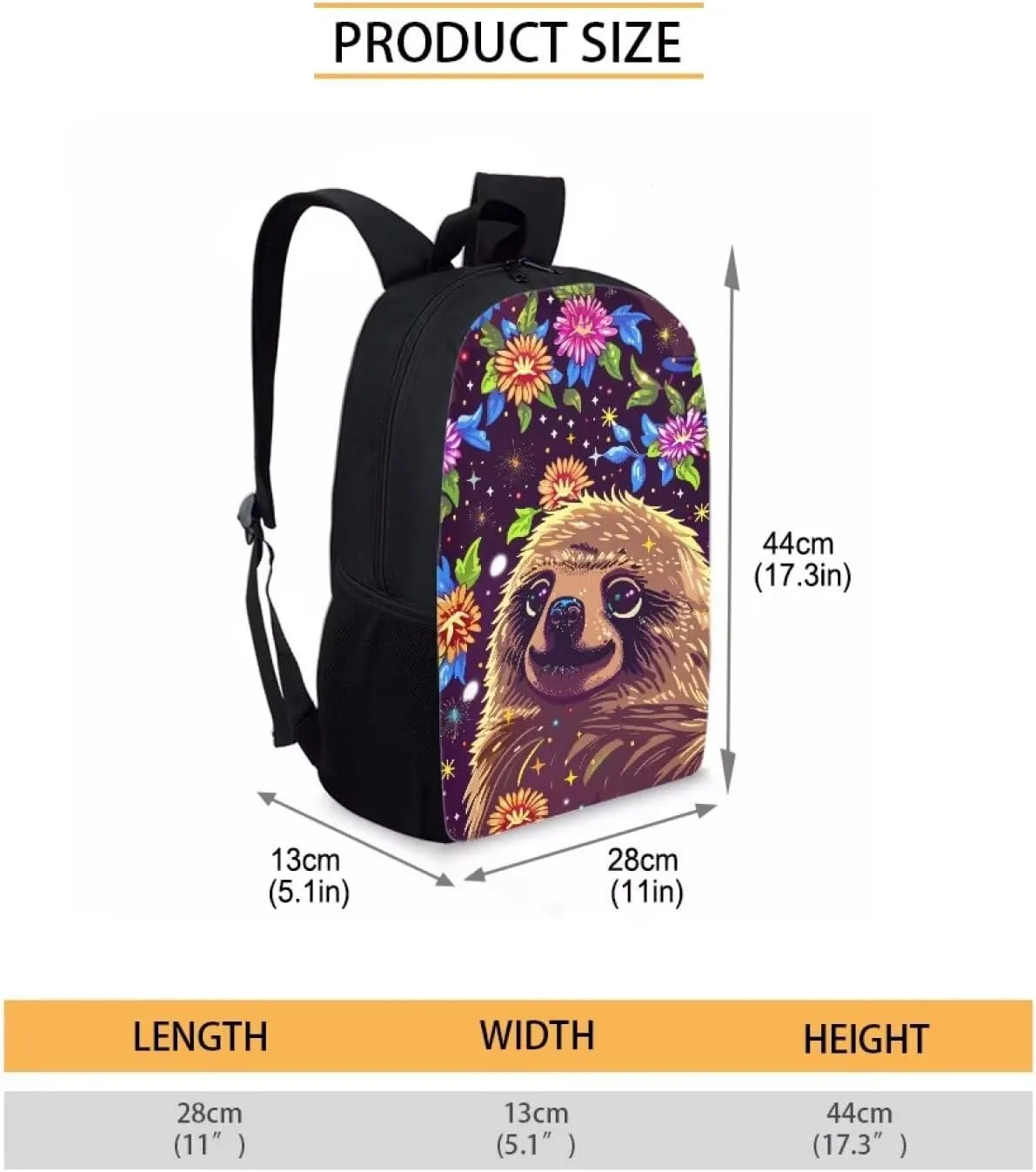 Floral Cute Sloth Print Vibrant Animal Pattern Student Backpack 17 Inch Bag for Teens，Perfect for Sports & Campus Life