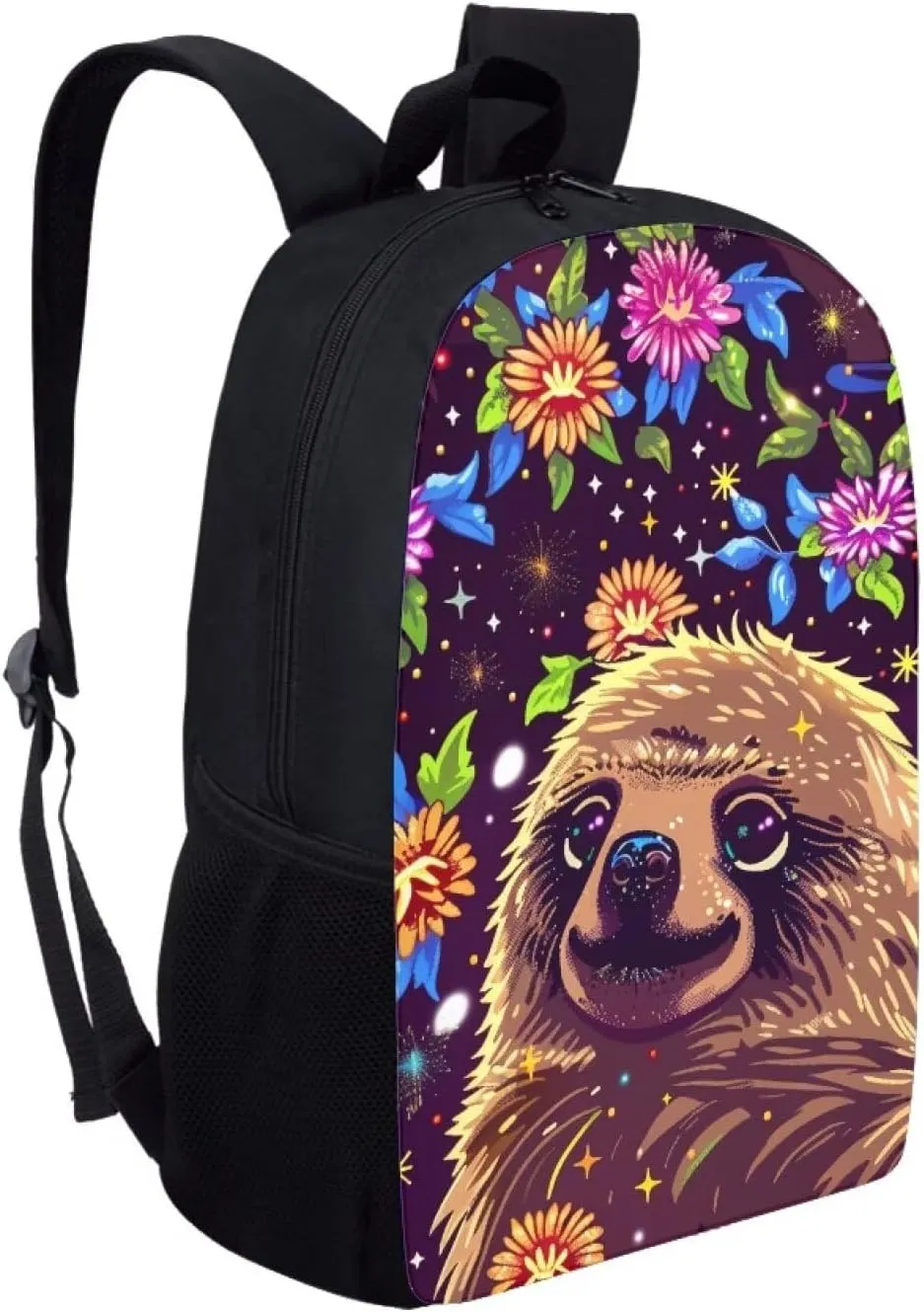 Floral Cute Sloth Print Vibrant Animal Pattern Student Backpack 17 Inch Bag for Teens，Perfect for Sports & Campus Life