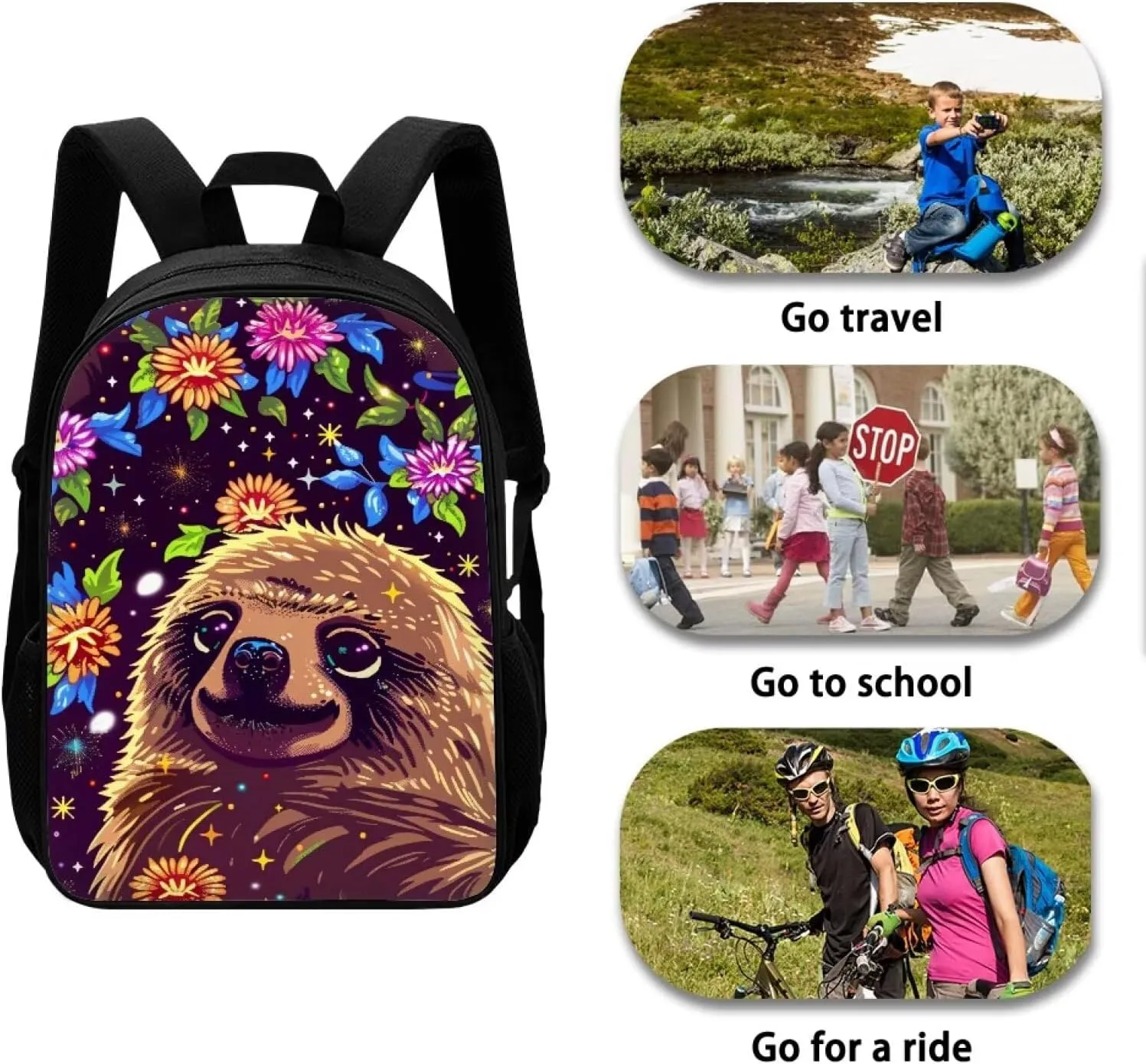 Floral Cute Sloth Print Vibrant Animal Pattern Student Backpack 17 Inch Bag for Teens，Perfect for Sports & Campus Life