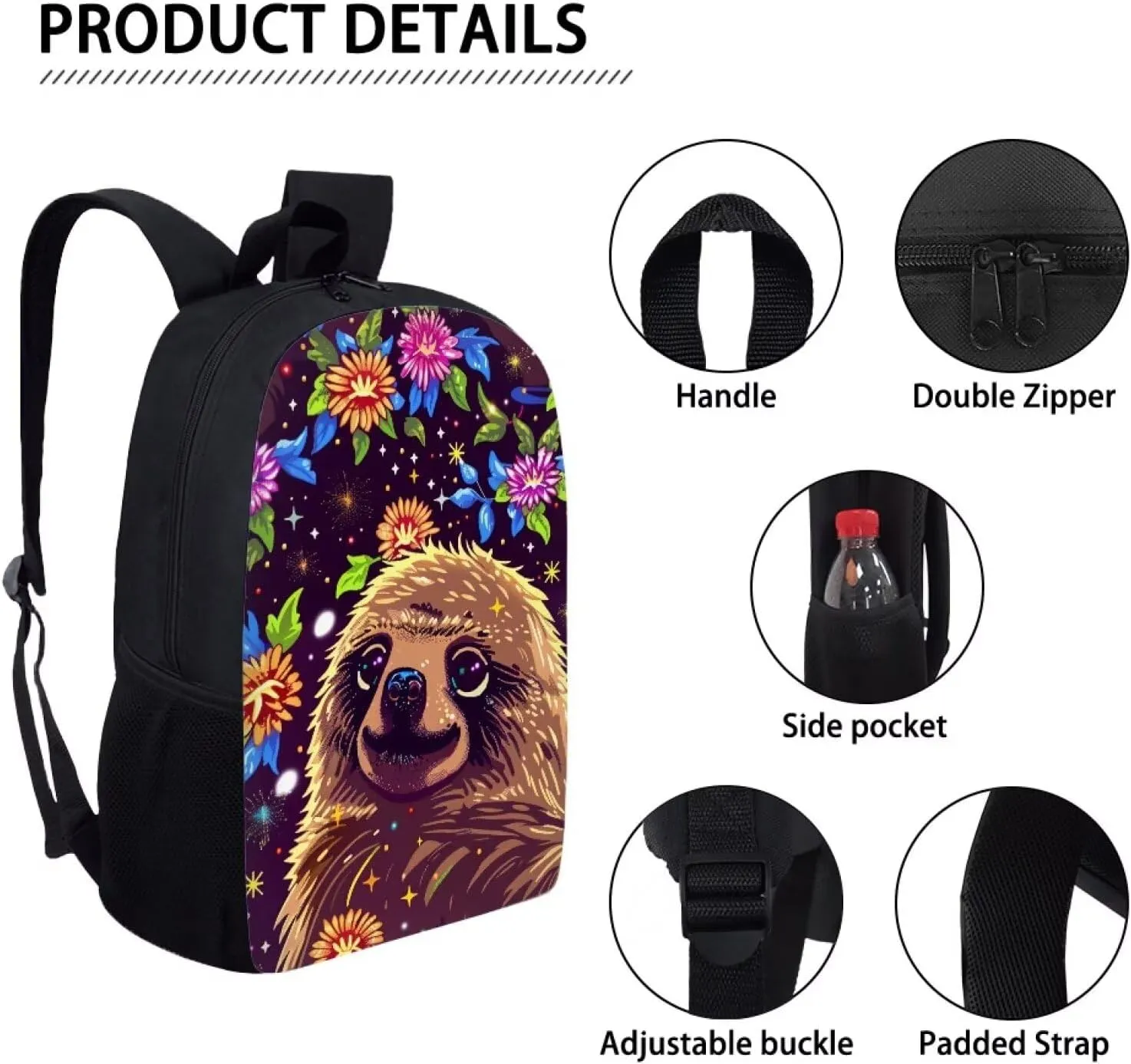 Floral Cute Sloth Print Vibrant Animal Pattern Student Backpack 17 Inch Bag for Teens，Perfect for Sports & Campus Life