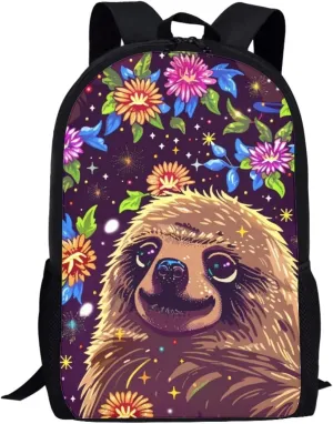 Floral Cute Sloth Print Vibrant Animal Pattern Student Backpack 17 Inch Bag for Teens，Perfect for Sports & Campus Life