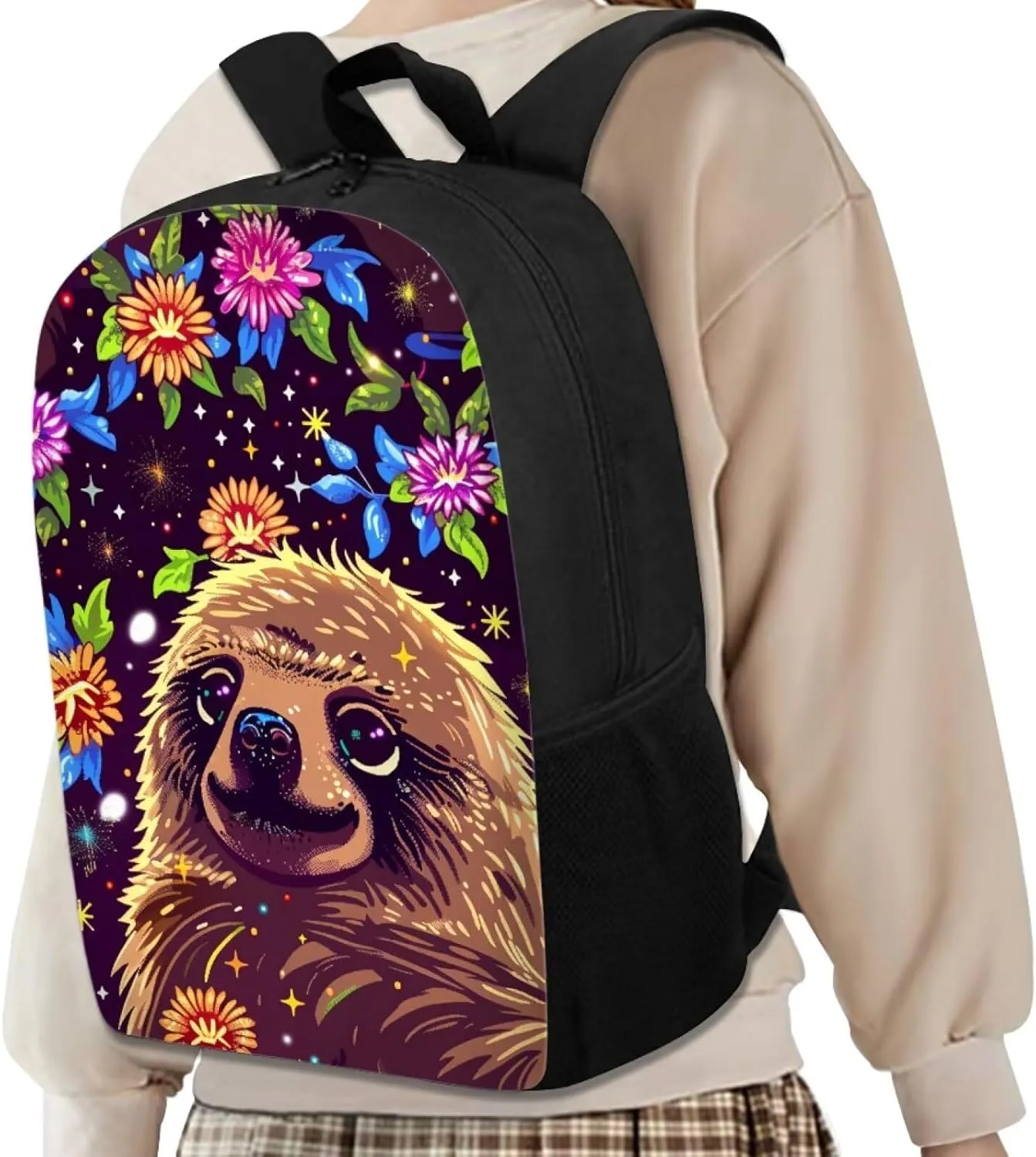 Floral Cute Sloth Print Vibrant Animal Pattern Student Backpack 17 Inch Bag for Teens，Perfect for Sports & Campus Life