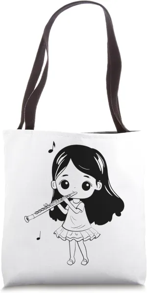 Flute Girl Cartoon Look Woodwind Instrument Tote Bag