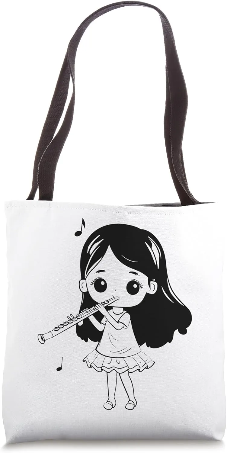 Flute Girl Cartoon Look Woodwind Instrument Tote Bag