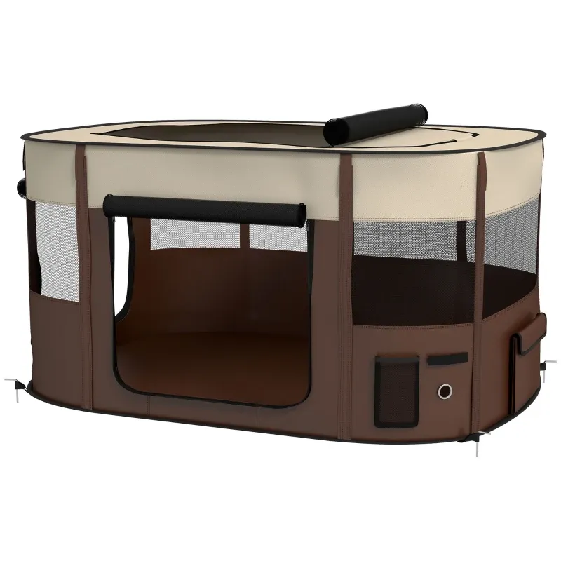 Foldable Dog Pen with Storage Bag for Indoor/Outdoor Use, Brown | PawHut