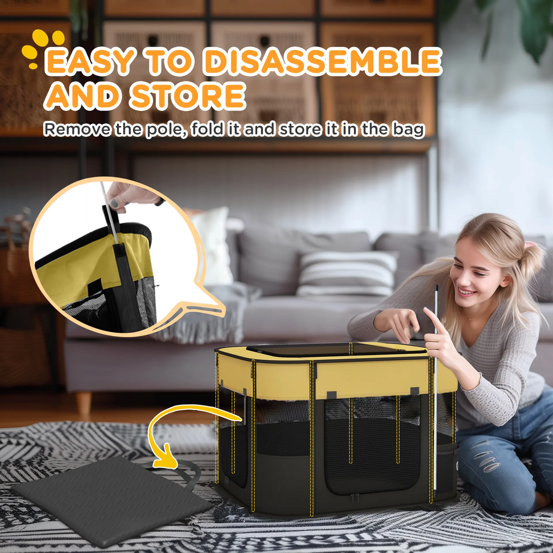 Foldable Dog Pen with Storage Bag for Indoor/Outdoor Use, Yellow | PawHut
