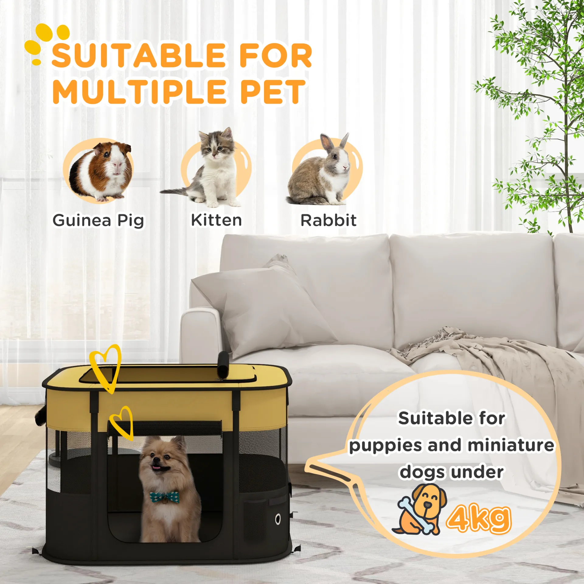 Foldable Dog Pen with Storage Bag for Indoor/Outdoor Use, Yellow | PawHut