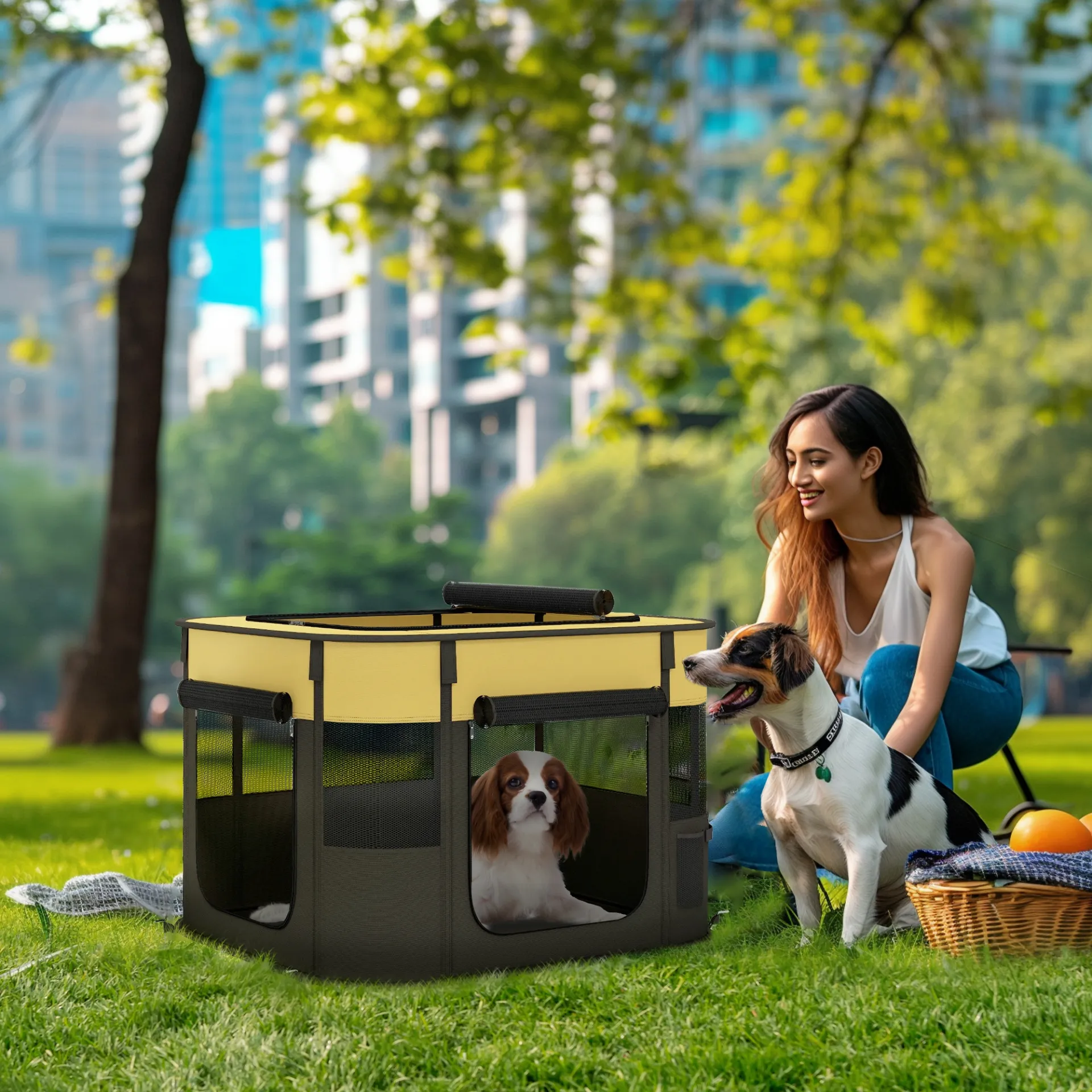 Foldable Dog Pen with Storage Bag for Indoor/Outdoor Use, Yellow | PawHut