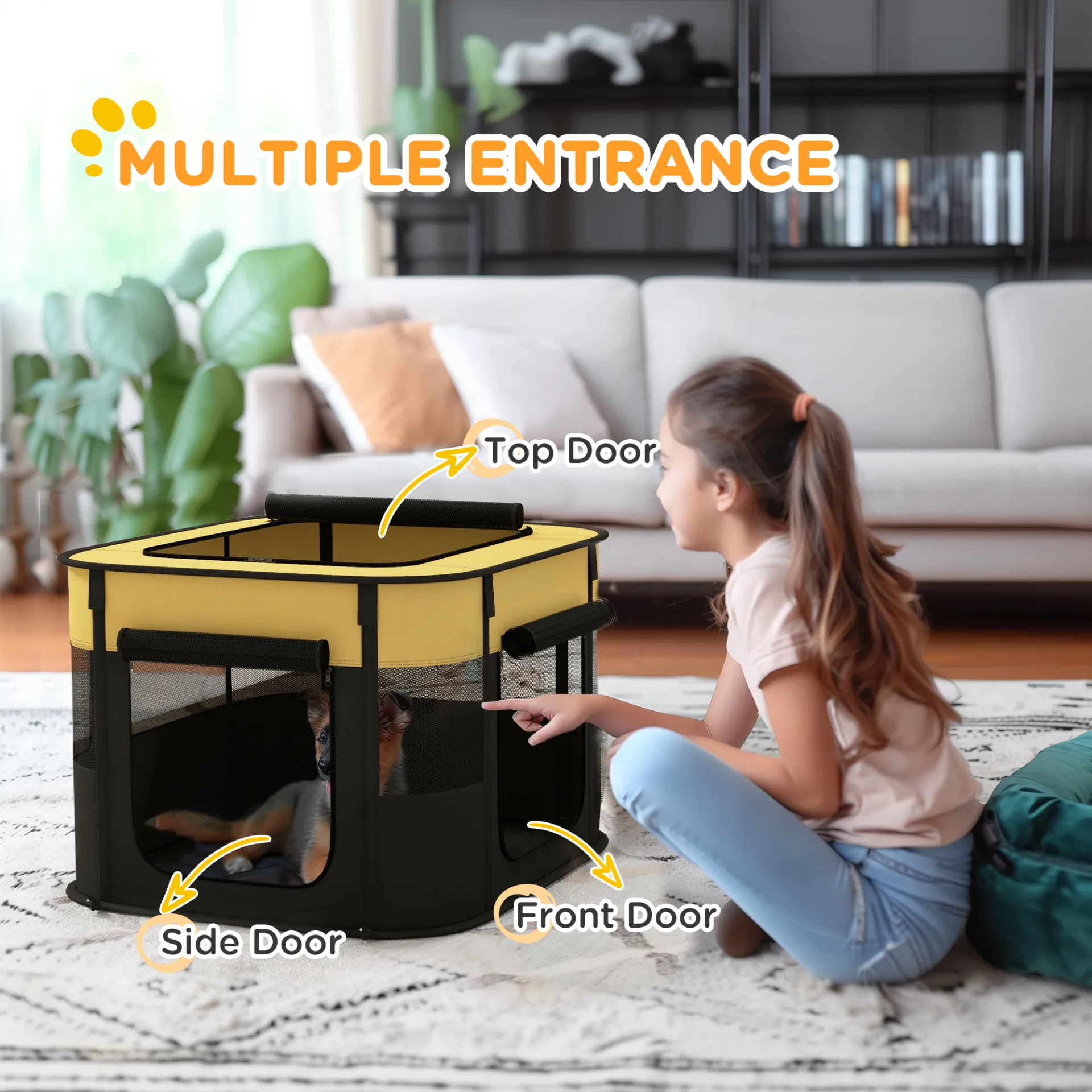Foldable Dog Pen with Storage Bag for Indoor/Outdoor Use, Yellow | PawHut