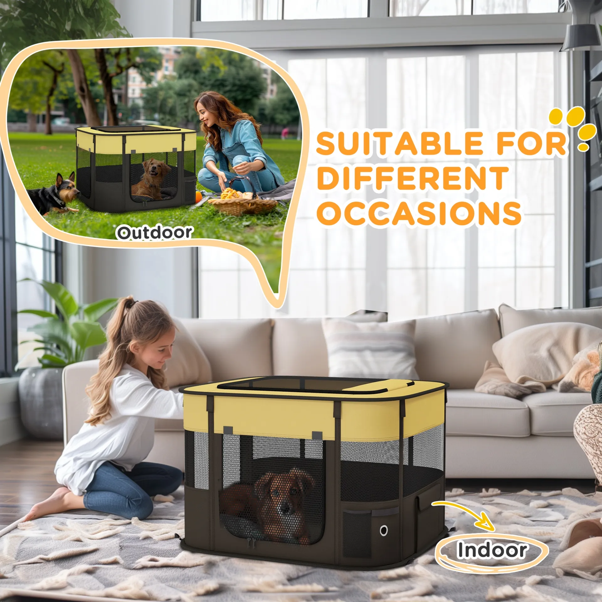 Foldable Dog Pen with Storage Bag for Indoor/Outdoor Use, Yellow | PawHut