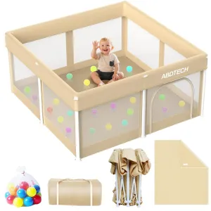 Foldable Playpen for Babies and Toddlers：Quick Setup 50x50in playpen with Mat - Collapsible Play Pen for Babies with Storage Bag for Indoor & Outdoor - Baby Fence Play Area with 30 Ocean Ball, Khaki
