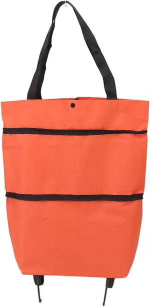 Foldable Shopping Cart with Wheels, Expandable Grocery Tote with Slide Fastener for Convenient Travel, Shopping, and More, Foldable Oxford Cloth Bag for Easy Storage (Orange)