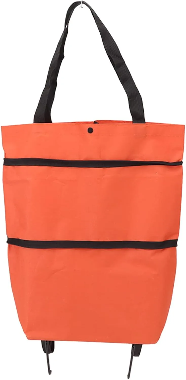 Foldable Shopping Cart with Wheels, Expandable Grocery Tote with Slide Fastener for Convenient Travel, Shopping, and More, Foldable Oxford Cloth Bag for Easy Storage (Orange)